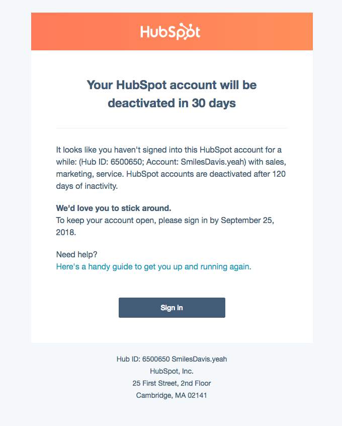 Your HubSpot account will be deactivated in 30 days - Hubspot Email Newsletter
