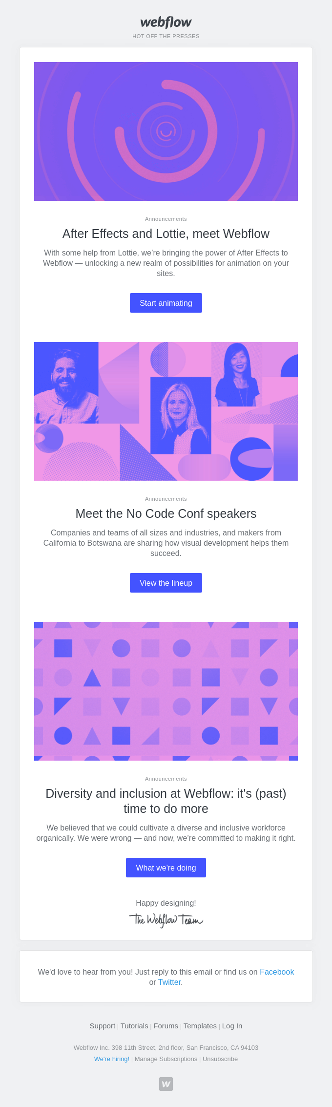 🎉 Lottie is here + 📣 No Code Conf speakers + 👥 Diversity at Webflow - Webflow Email Newsletter