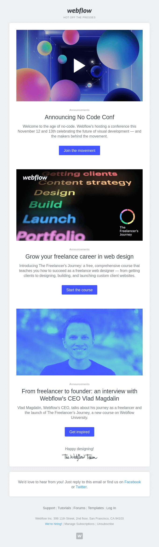 🚀 No Code Conf + 📚 Freelance web design course - Webflow Email Newsletter