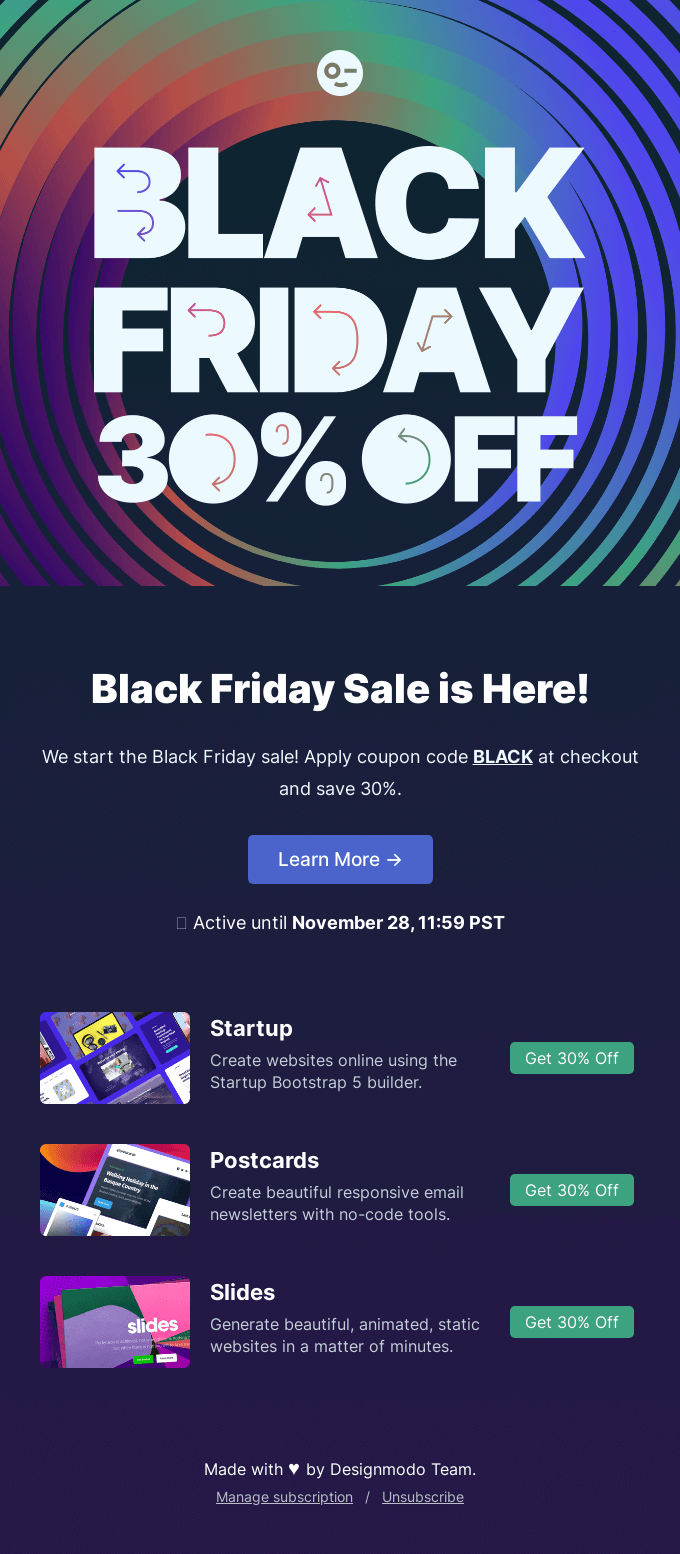 Black Friday on Designmodo, 30% discount for a limited time. - Designmodo Email Newsletter