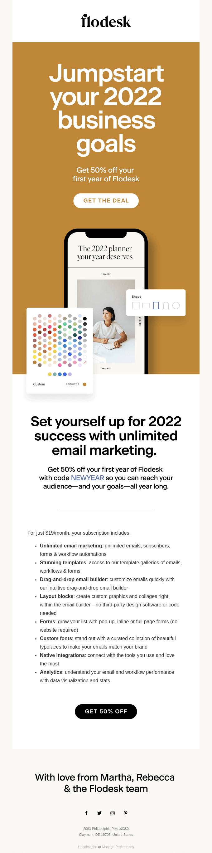 Get 50% off to jumpstart your 2022 business goals - Flodesk Email Newsletter