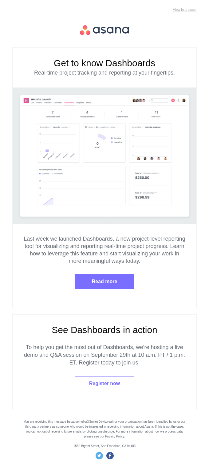 Introducing Dashboards - Asana Email Newsletter