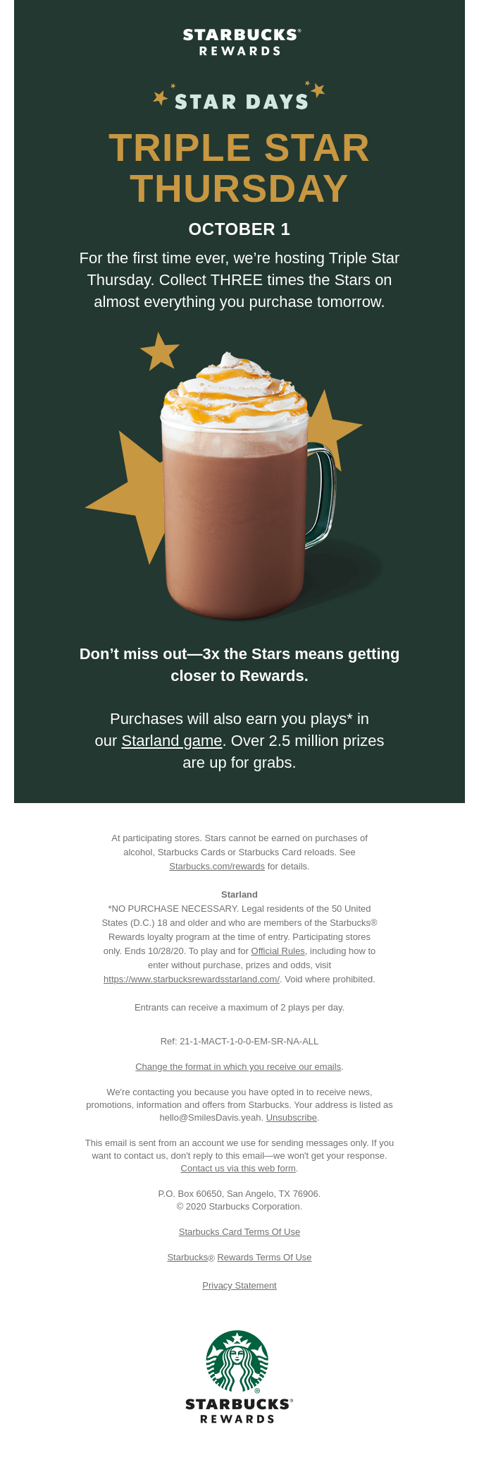 It's Triple Star Thursday tomorrow - Starbucks Email Newsletter