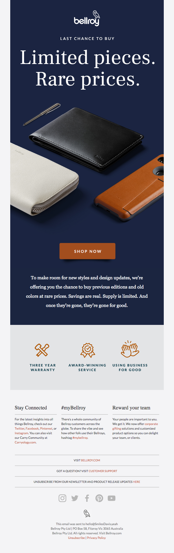 Shop the limited Last Chance to Buy event while you can - Bellroy Email Newsletter