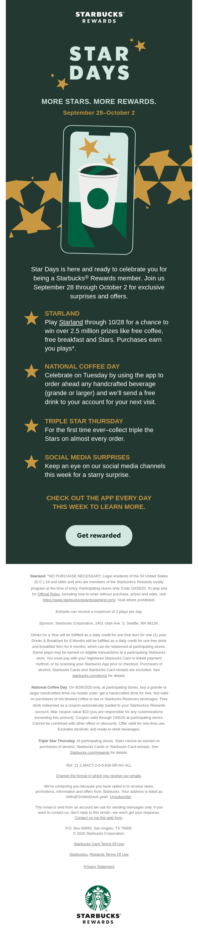 Star Days is here ⭐️ to celebrate you - Starbucks Email Newsletter