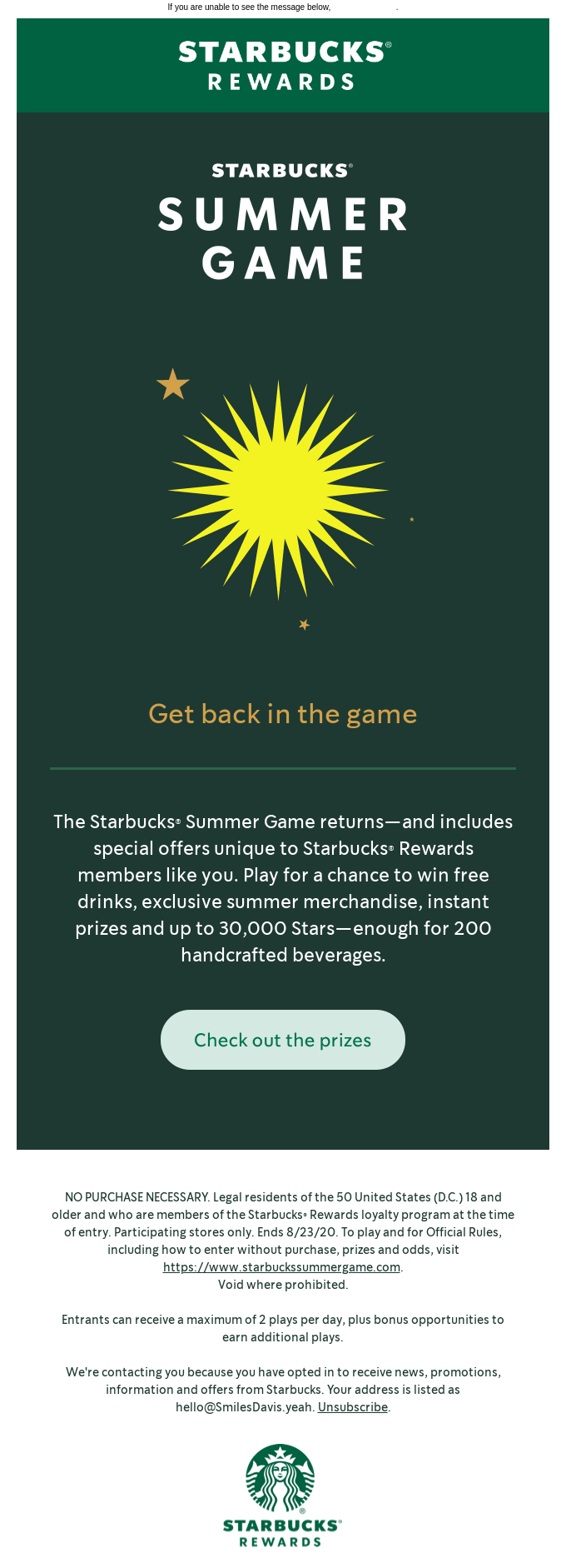 Starbucks® Summer Game is back - Starbucks Email Newsletter