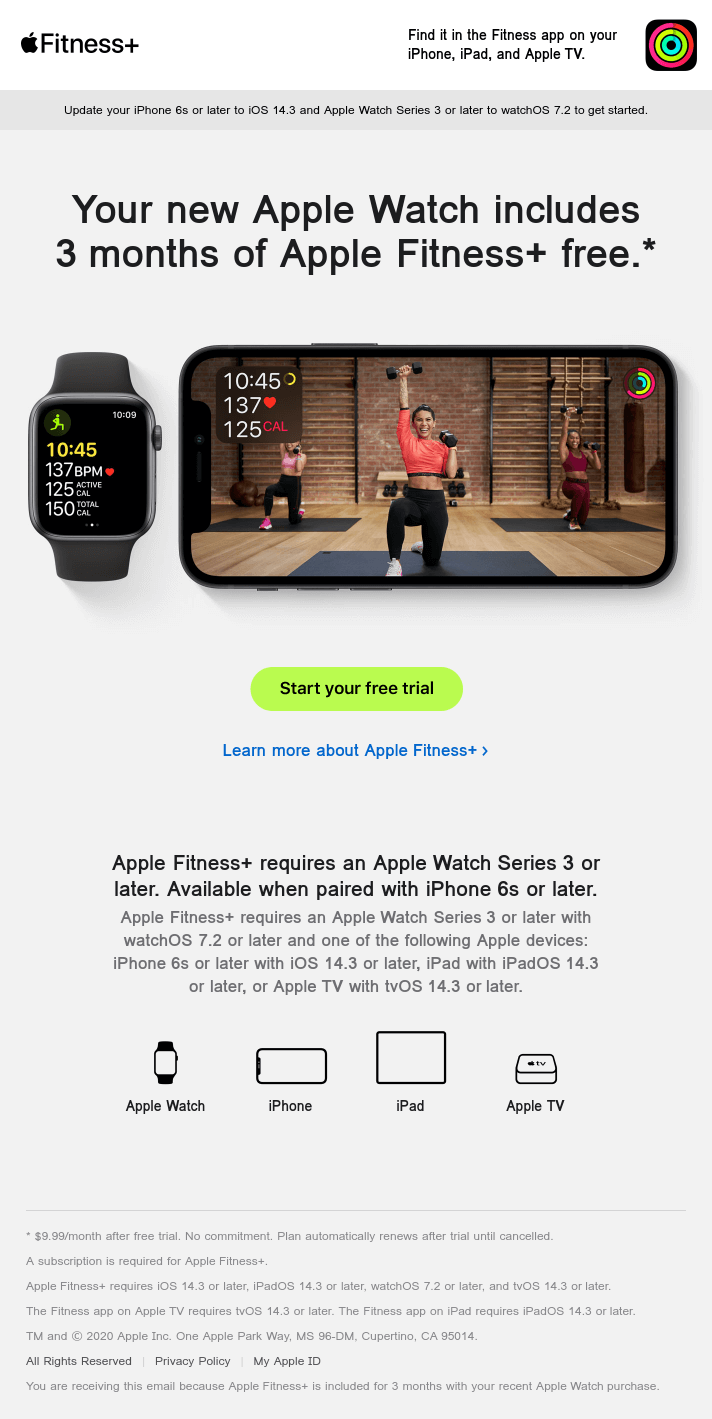 Start your free 3-month Apple Fitness+ trial. - Apple Email Newsletter