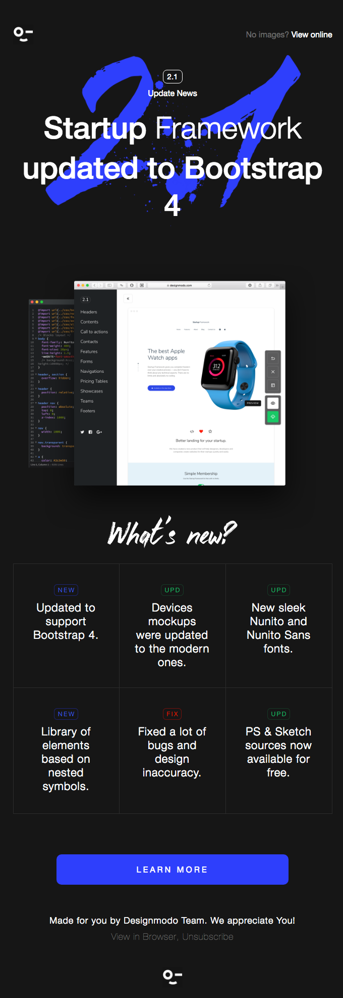 Startup Framework 2 Updated to Bootstrap 4, and more… - Designmodo Email Newsletter