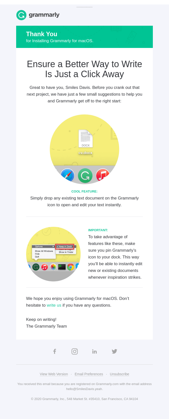 Thank you for installing Grammarly's Native App! - Grammarly Email Newsletter