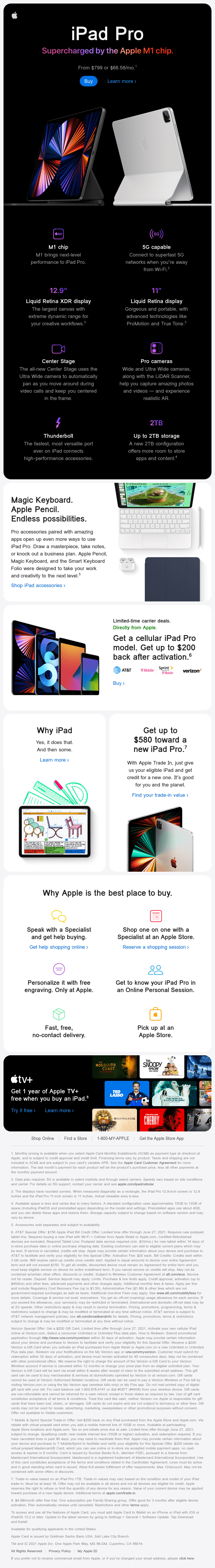 The new iPad Pro. Supercharged by the Apple M1 chip. Now available. -  Apple Email Newsletter