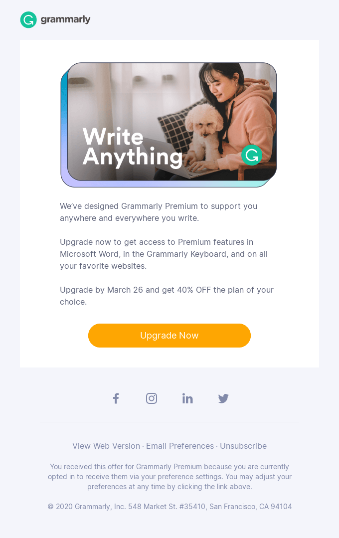 Write where you are. Upgrade today for 40% OFF any annual plan - Grammarly Email Newsletter