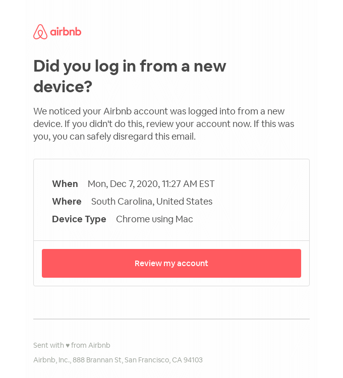 Account activity: New login from Chrome - Airbnb Email Newsletter