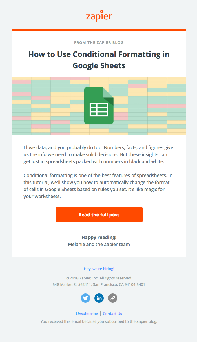Color code your spreadsheets automatically - Zapier Email Newsletter