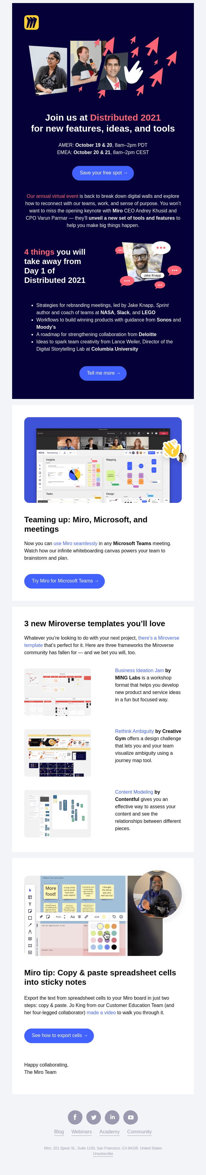 Connecting Is Back — Come to Distributed 2021 - Miro Email Newsletter