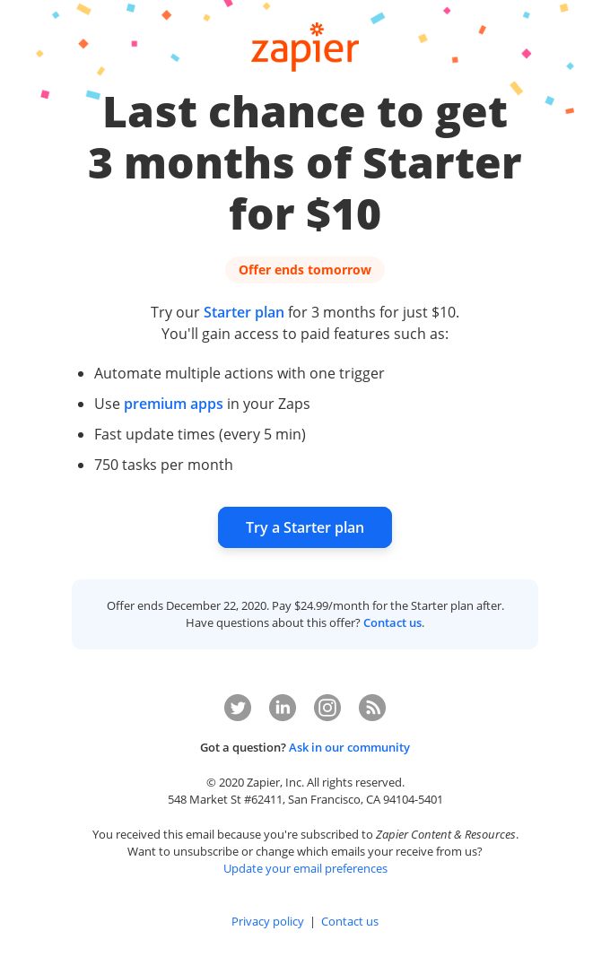[Ends tomorrow] 3 months of Starter for $10 - Zapier Email Newsletter