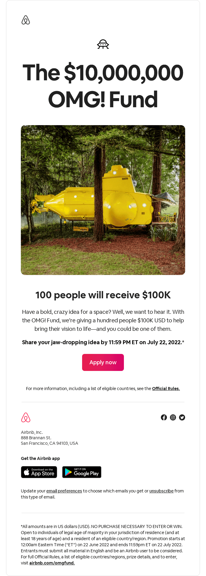 Have a crazy idea for a space? You could get $100K to build it. - Airbnb Email Newsletter