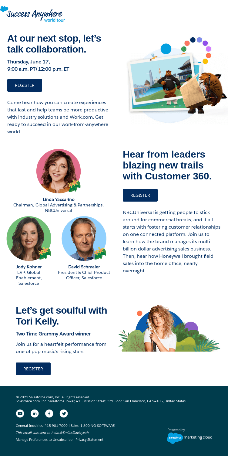 Just Announced: Tori Kelly and business leaders at the Success Anywhere World Tour. - Salesforce Email Newsletter