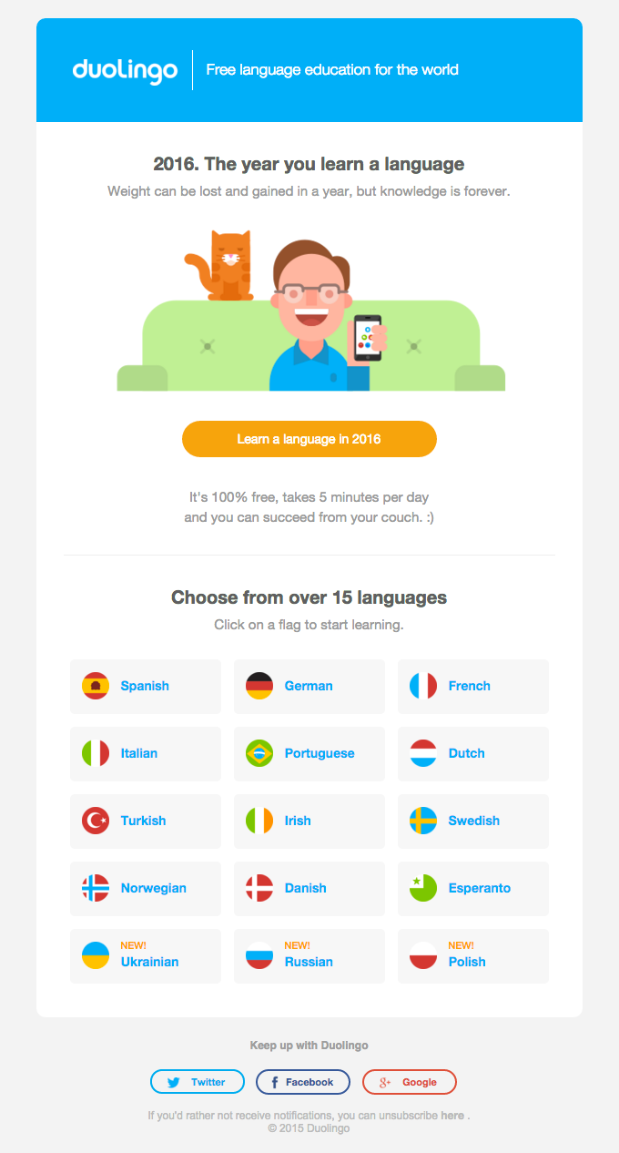 Learn a language with only 5 minutes per day - Duolingo Email Newsletter