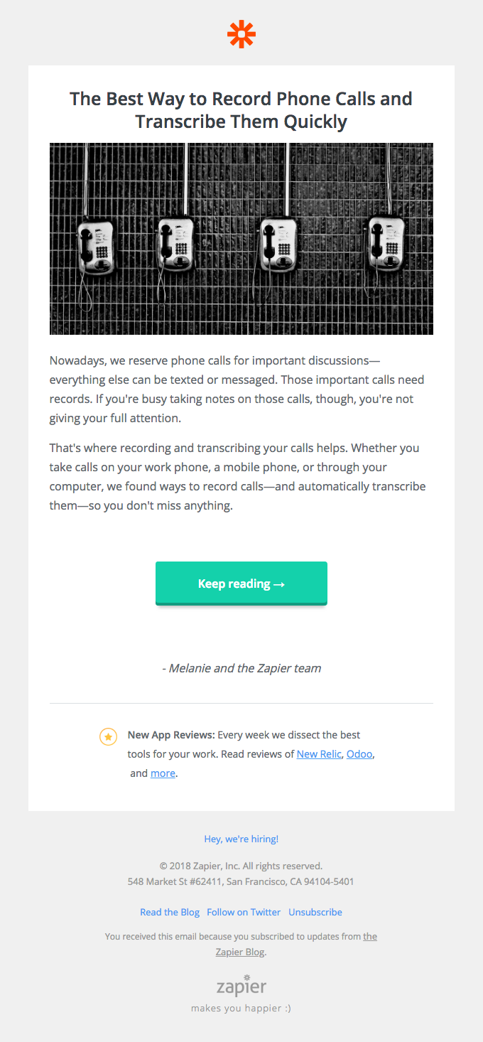 This call is being recorded - Zapier Email Newsletter