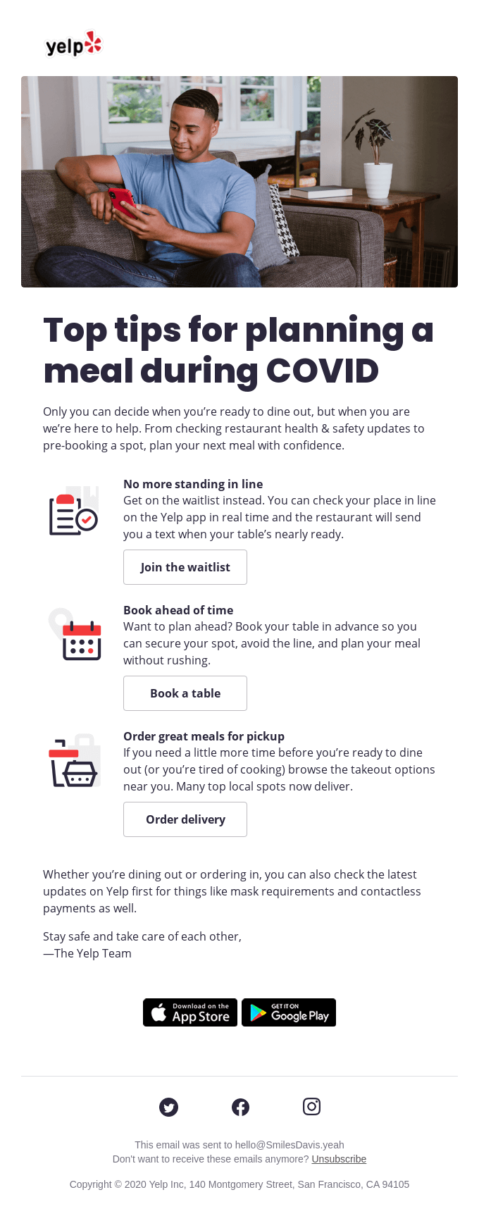 Tips for planning a meal during COVID-19 - Yelp Email Newsletter