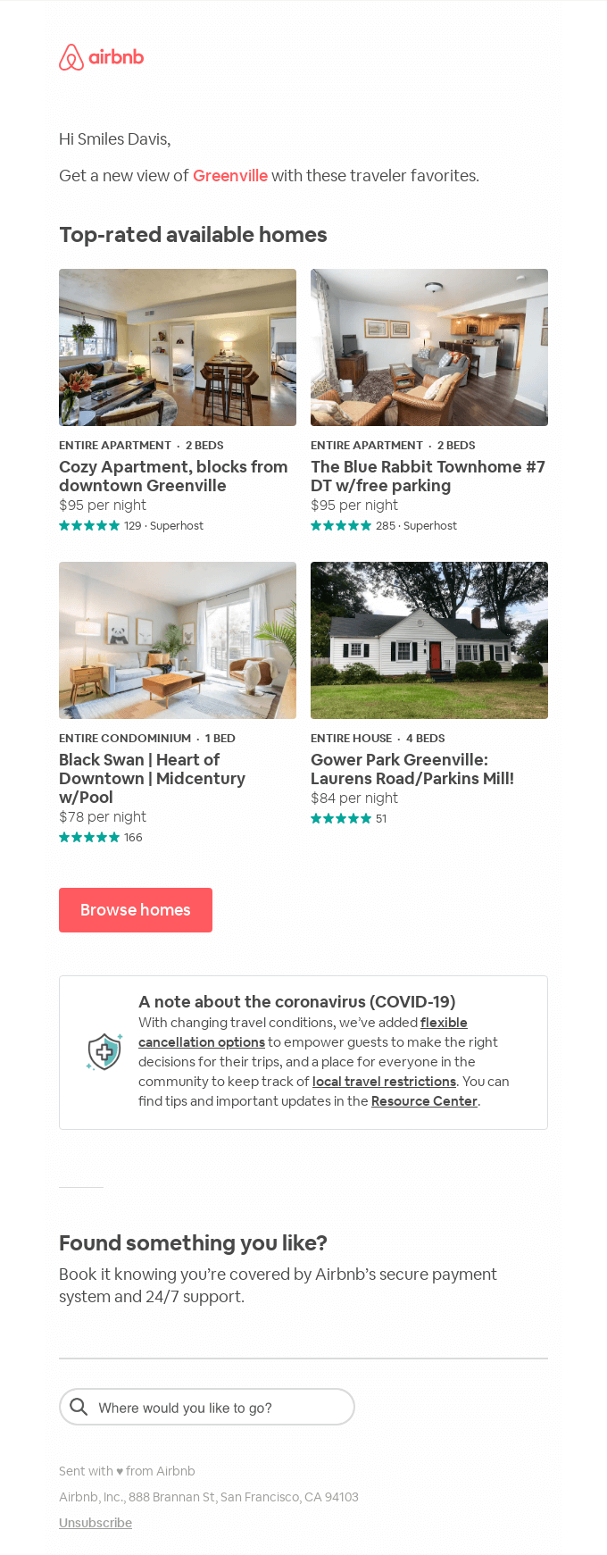 To do: Book a home in Greenville - Airbnb Email Newsletter