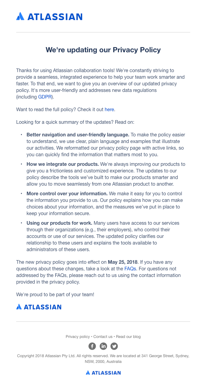 Updates to Atlassian’s Privacy Policy - Atlassian Email Newsletter