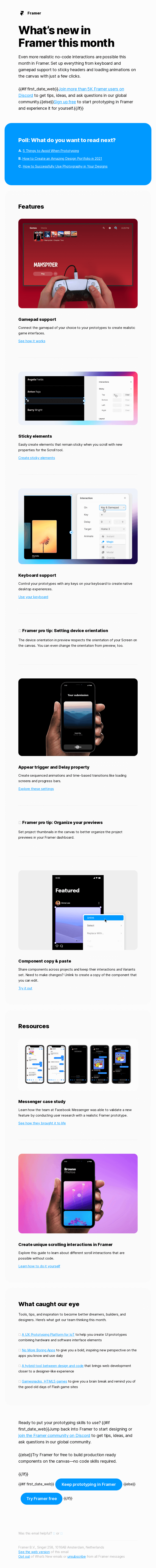 What’s new: Powerful prototyping with sticky elements, more scrolling options, and key and gamepad support - Framer Email Newsletter