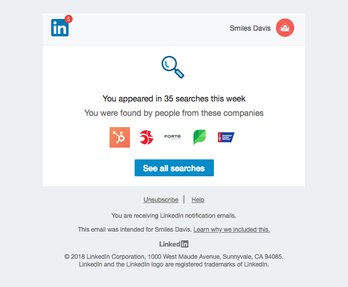 You appeared in 35 searches this week - LinkedIn Email Newsletter
