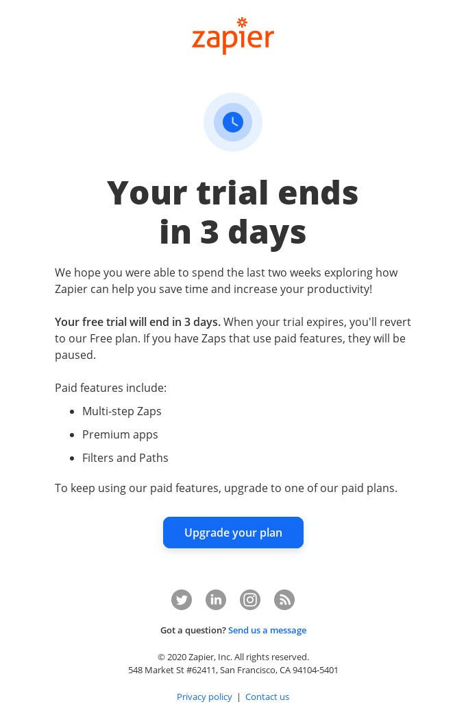 Your Zapier trial ends in 3 days - Zapier Email Newsletter