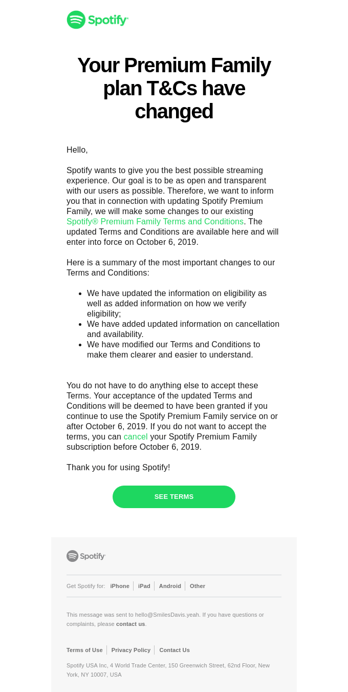 Update of Spotify Premium Family Terms and Conditions - Spotify Email Newsletter
